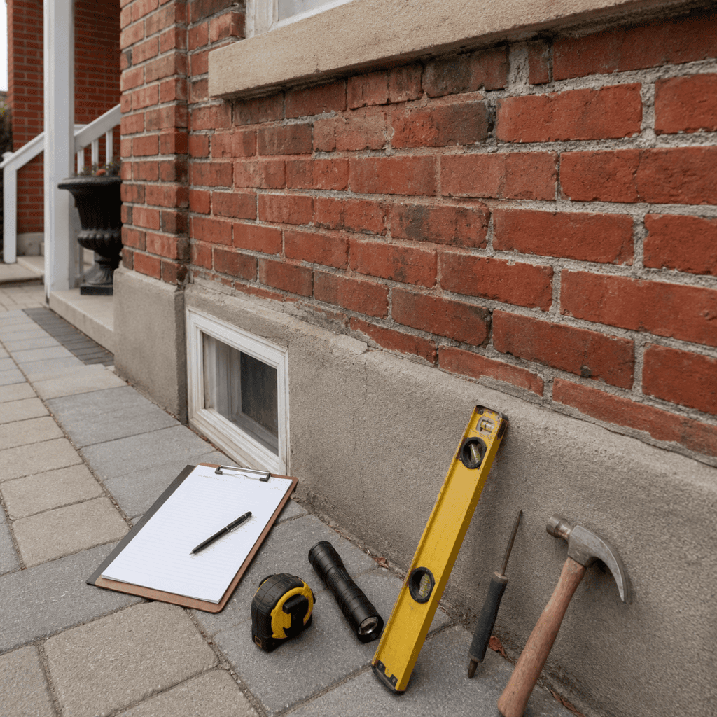 Masonry checkup reviewing brick mortar foundation and walkway areas