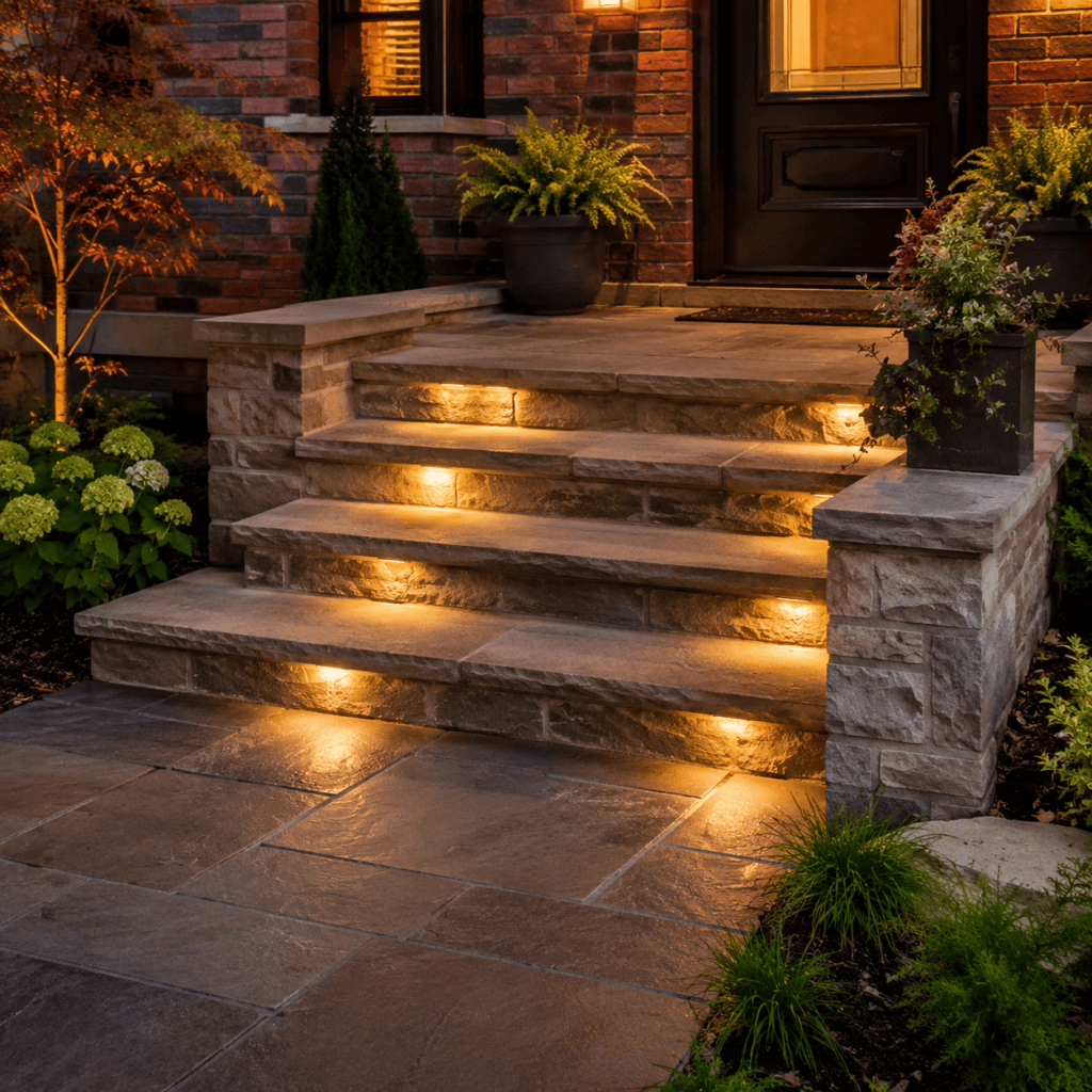 Stone masonry steps with integrated lighting at a Toronto front entrance