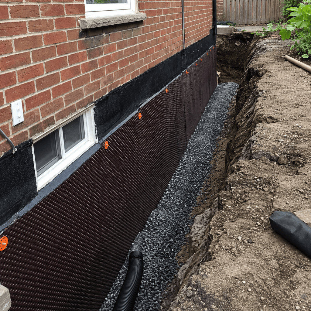 Exterior foundation waterproofing with drainage board and gravel