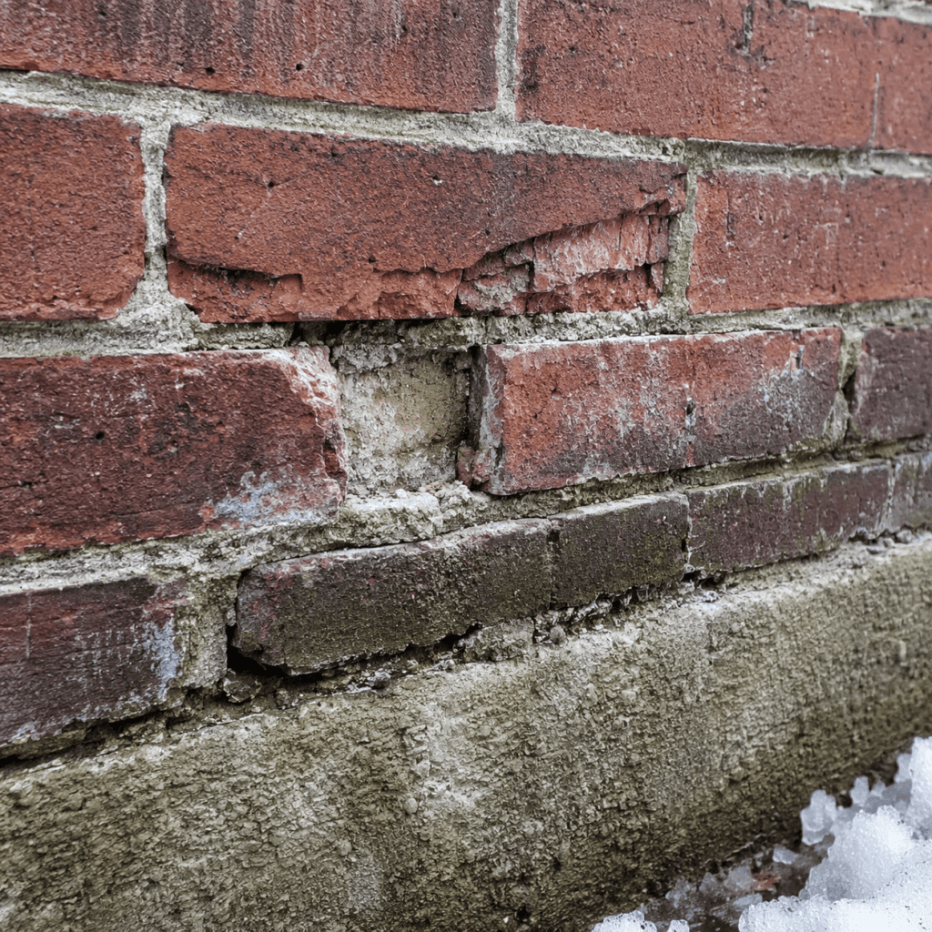 Spalling brick and cracked mortar caused by winter freeze damage