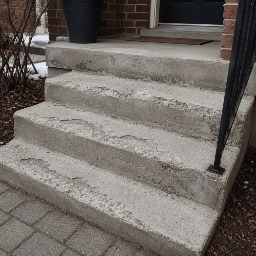 Concrete steps with surface scaling and cracks after winter freeze damage