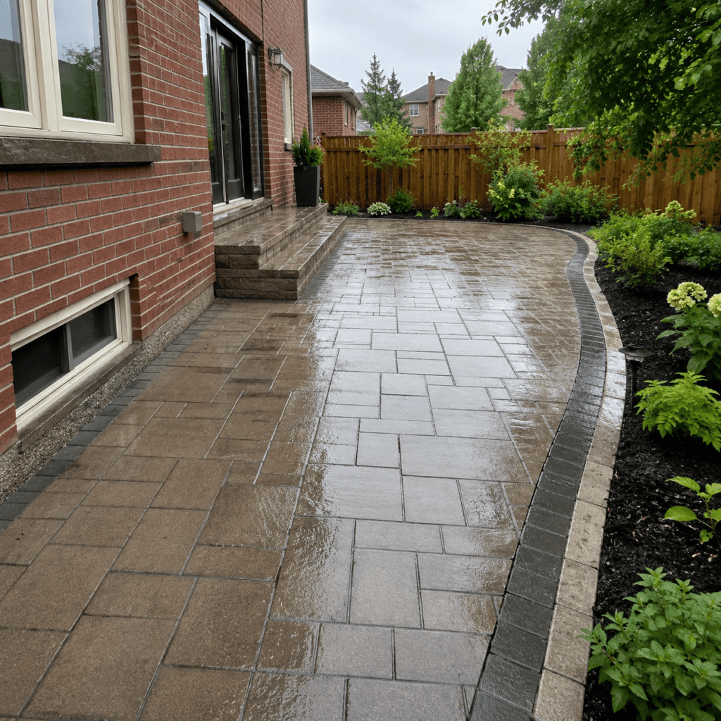 Interlocking patio draining rainwater away from a Toronto brick home