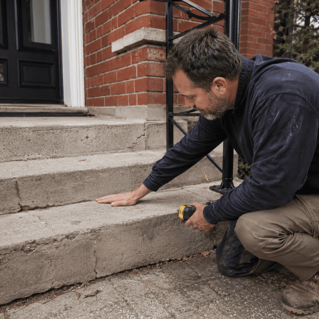 Masonry contractor checking concrete steps for early repair signs