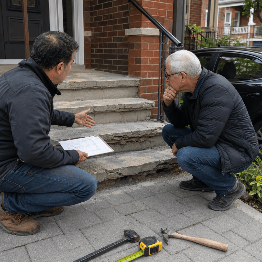 Masonry contractor helping homeowner decide whether to repair or replace concrete steps