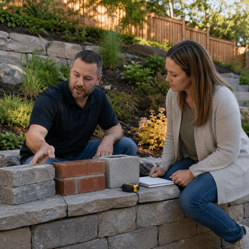 Masonry contractor helping homeowner compare retaining wall material options