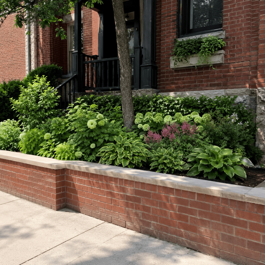 Low brick retaining wall beside an older Toronto brick home
