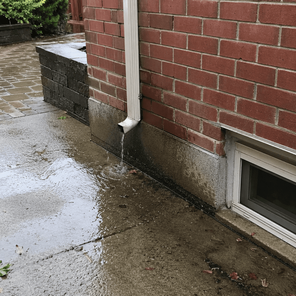 Water pooling near brickwork showing the cause behind masonry damage