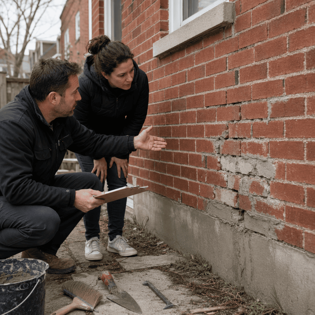 Masonry contractor reviewing a failed DIY masonry repair with a homeowner