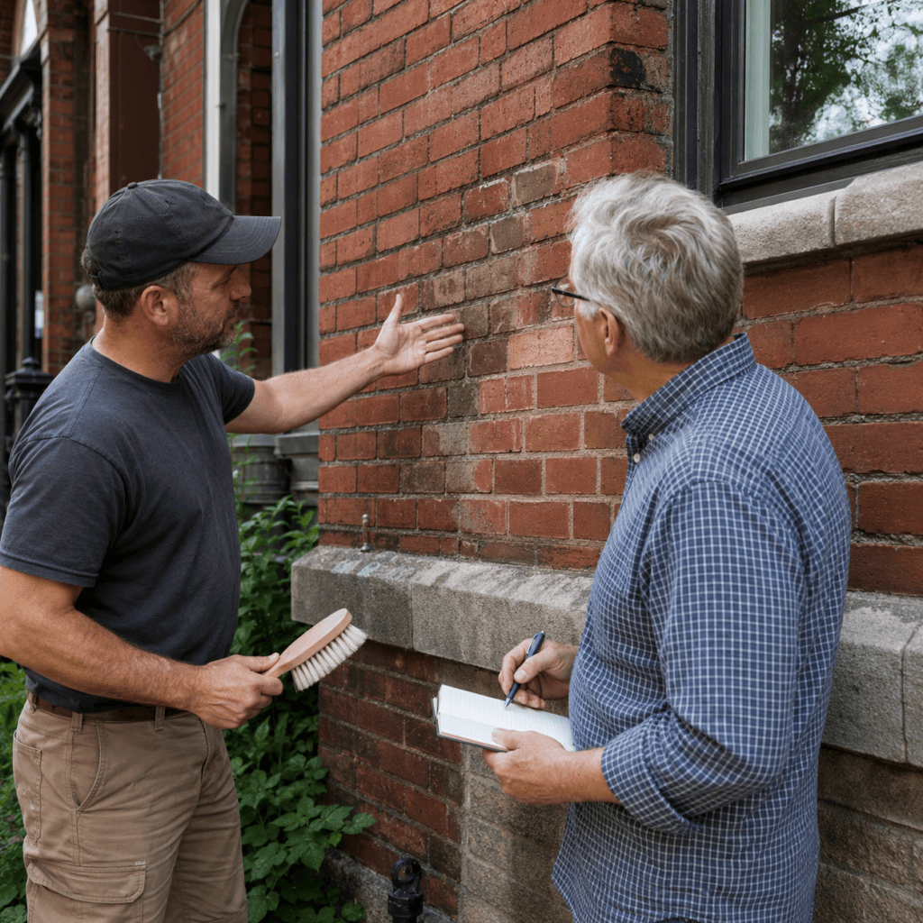 Masonry contractor reviewing historic brick cleaning options with a homeowner