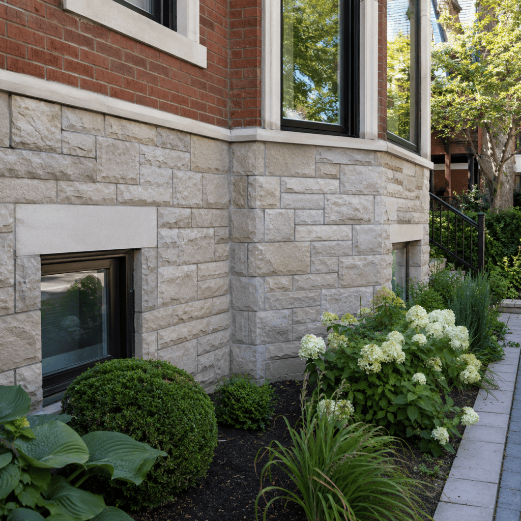 Stone-clad residential facade with brick upper walls, windows, and landscaped garden