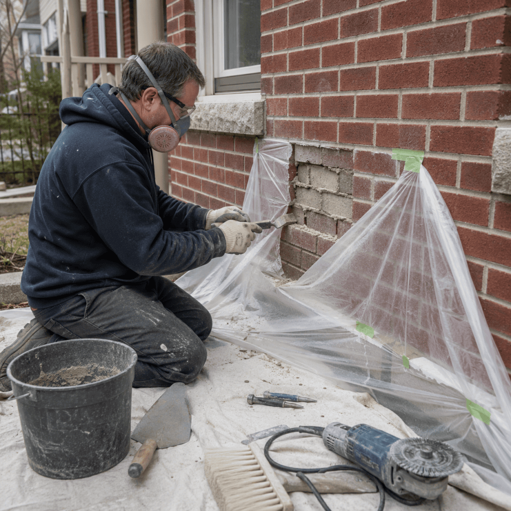 Safe masonry repair setup with dust protection and proper tools