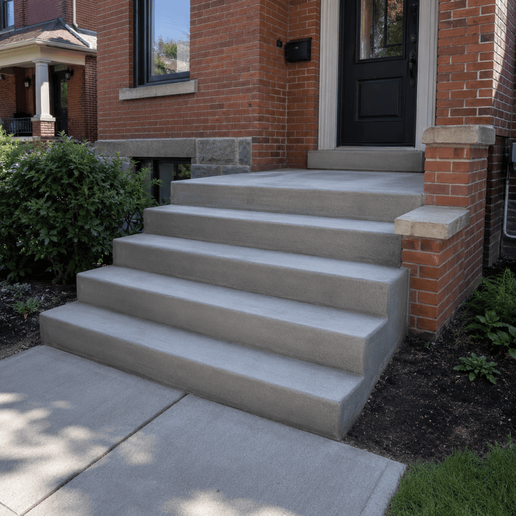 Newly rebuilt concrete steps at a Toronto brick home entrance