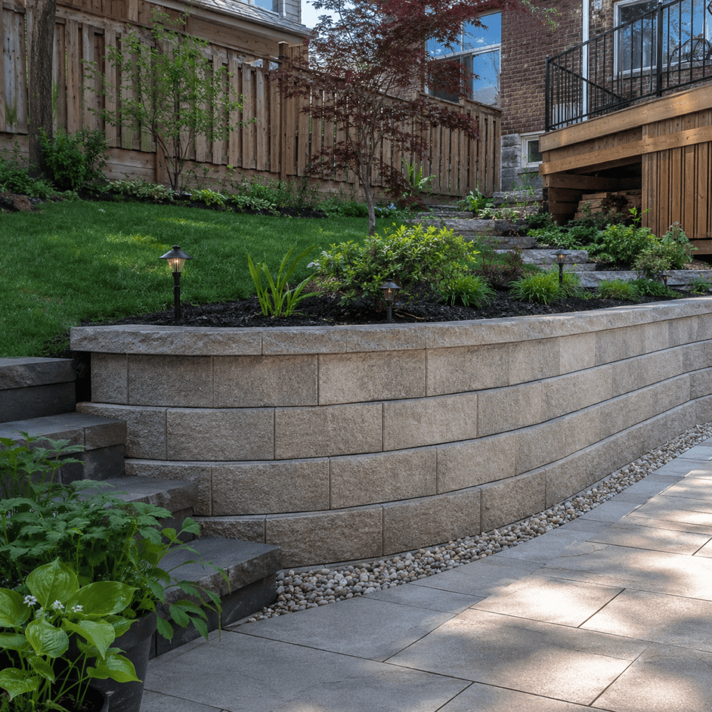 Concrete block retaining wall built along a sloped Toronto backyard