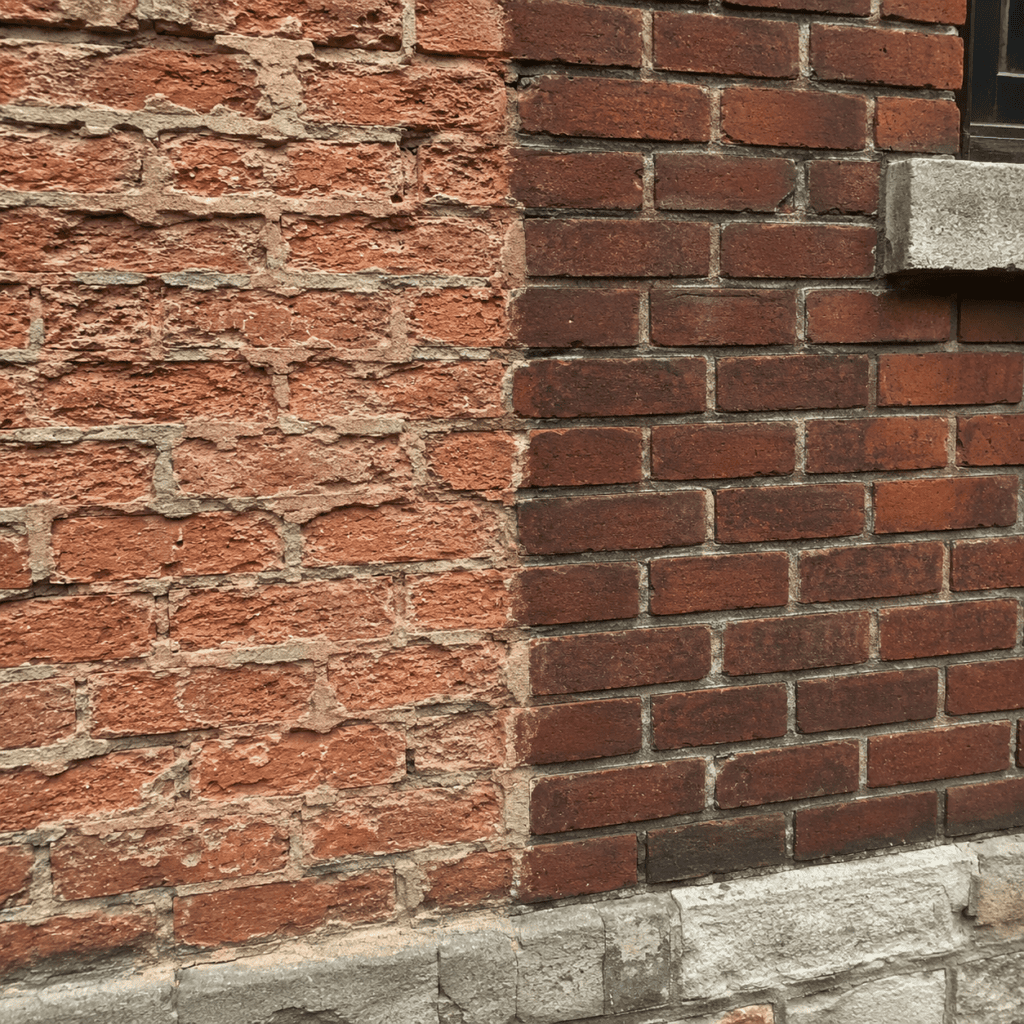 Damaged historic brick surface caused by harsh abrasive cleaning