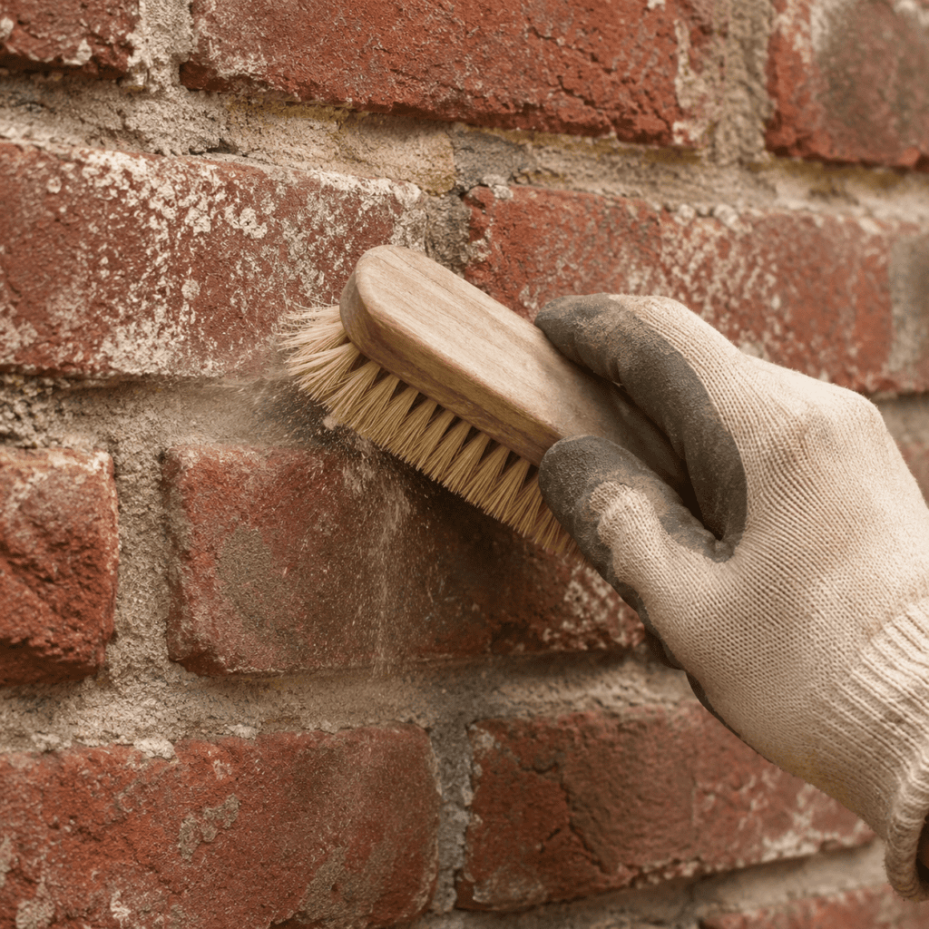 Soft brush cleaning old brick masonry by hand