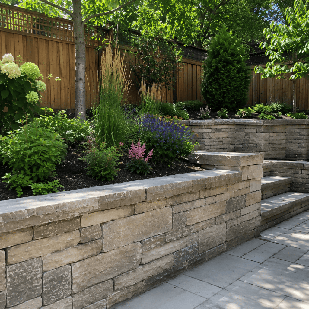 Natural stone retaining wall in a Toronto backyard garden