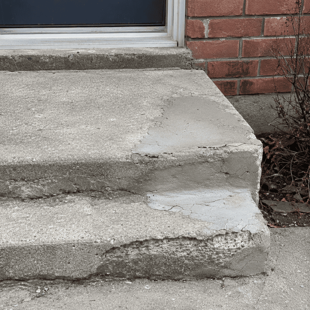 Failed DIY concrete step patch with cracking and crumbling edges