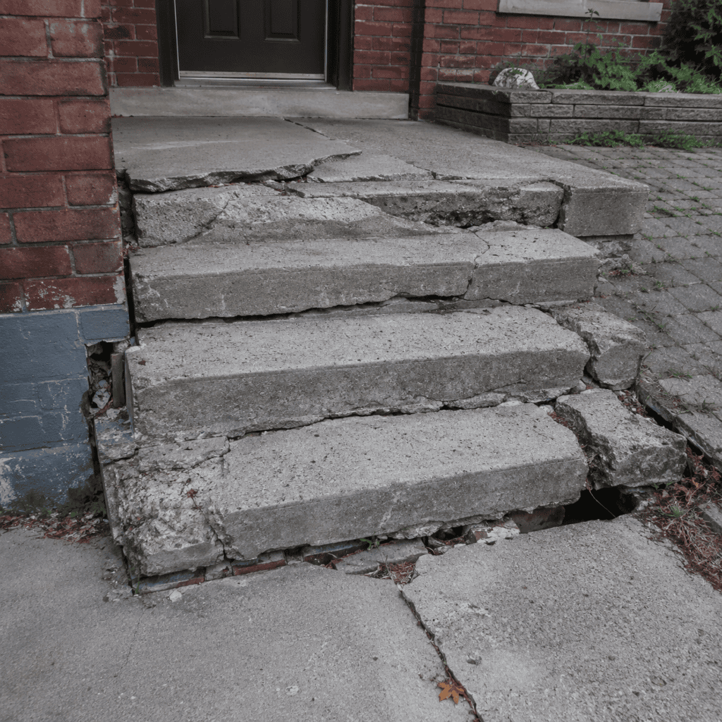Badly damaged concrete steps with deep cracks and sinking sections