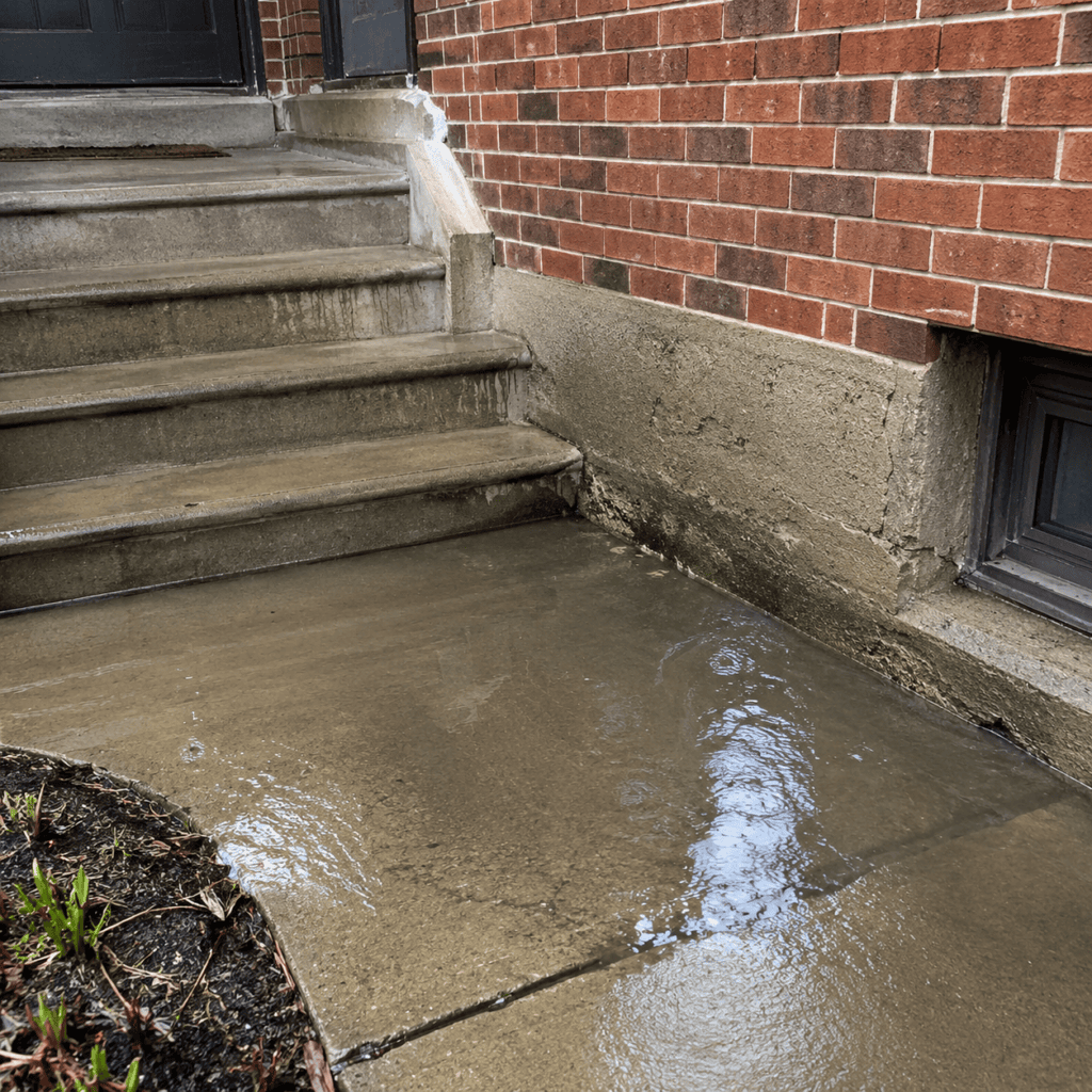 Rainwater pooling near concrete steps and foundation wall