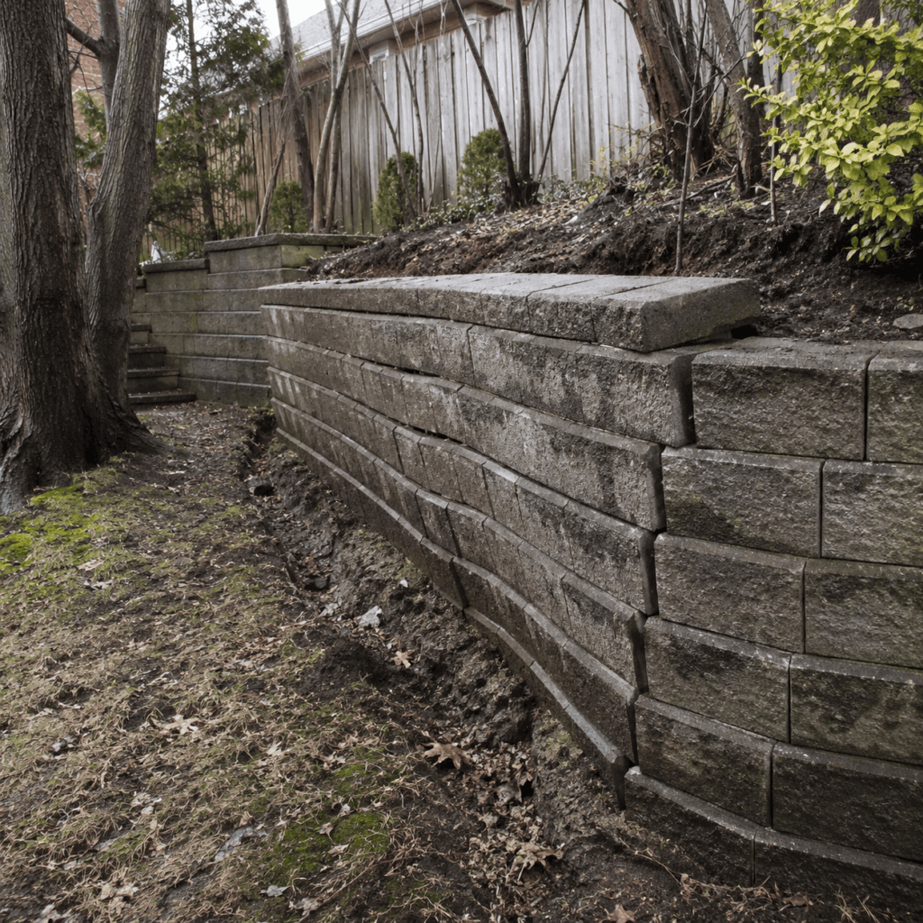 Failing retaining wall showing leaning and drainage problems