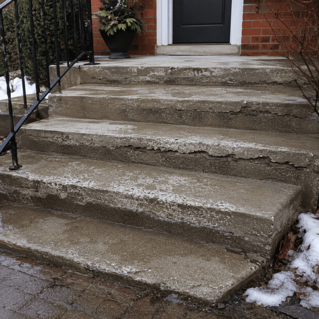 Concrete steps with freeze-thaw damage and salt wear after winter