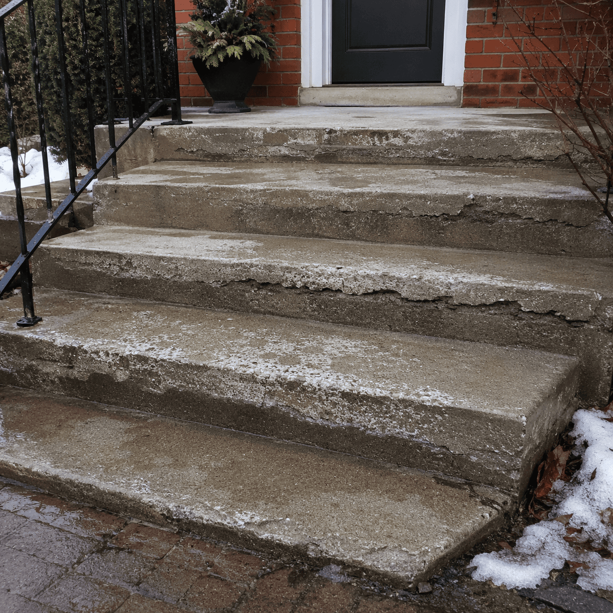 Worn concrete entrance steps with cracked edges, surface spalling, black railing, and patches of snow