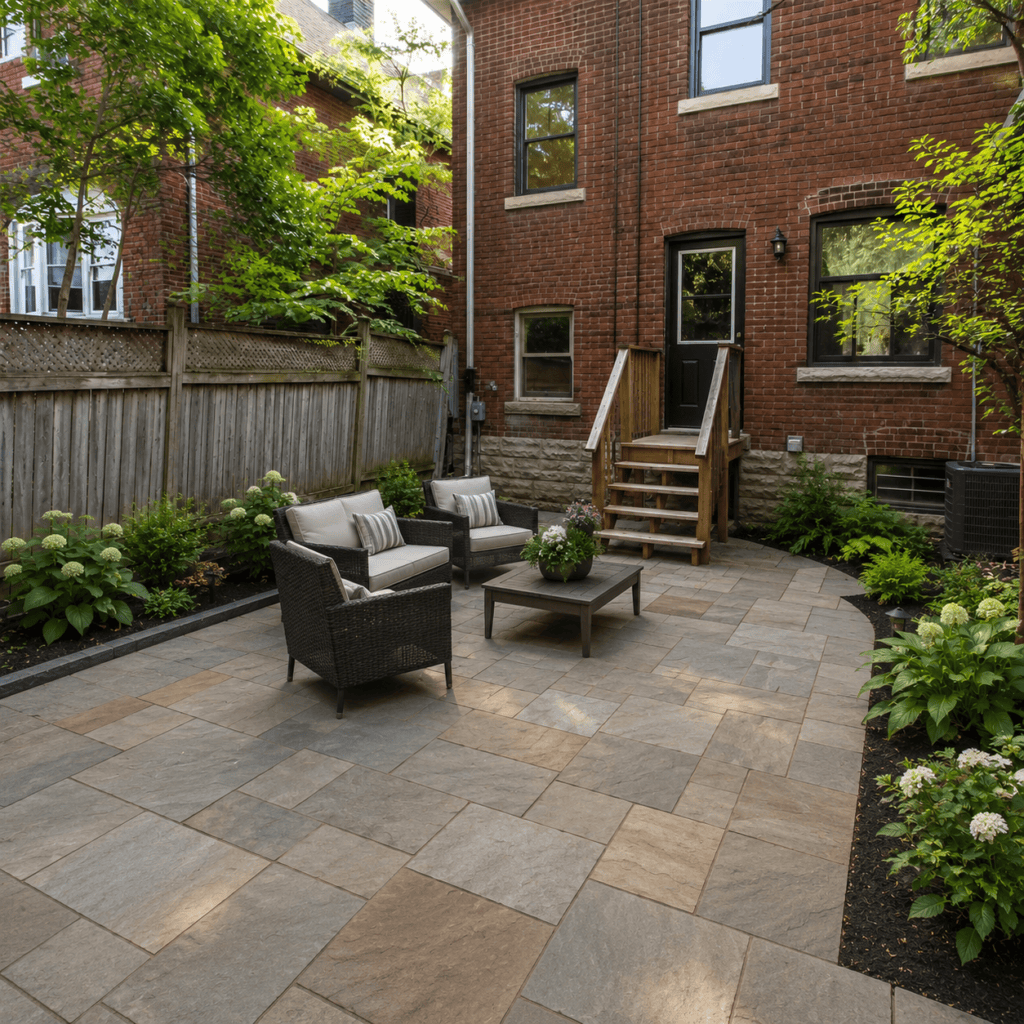 Stone patio with large rectangular pavers, outdoor seating, garden beds, and brick house entrance