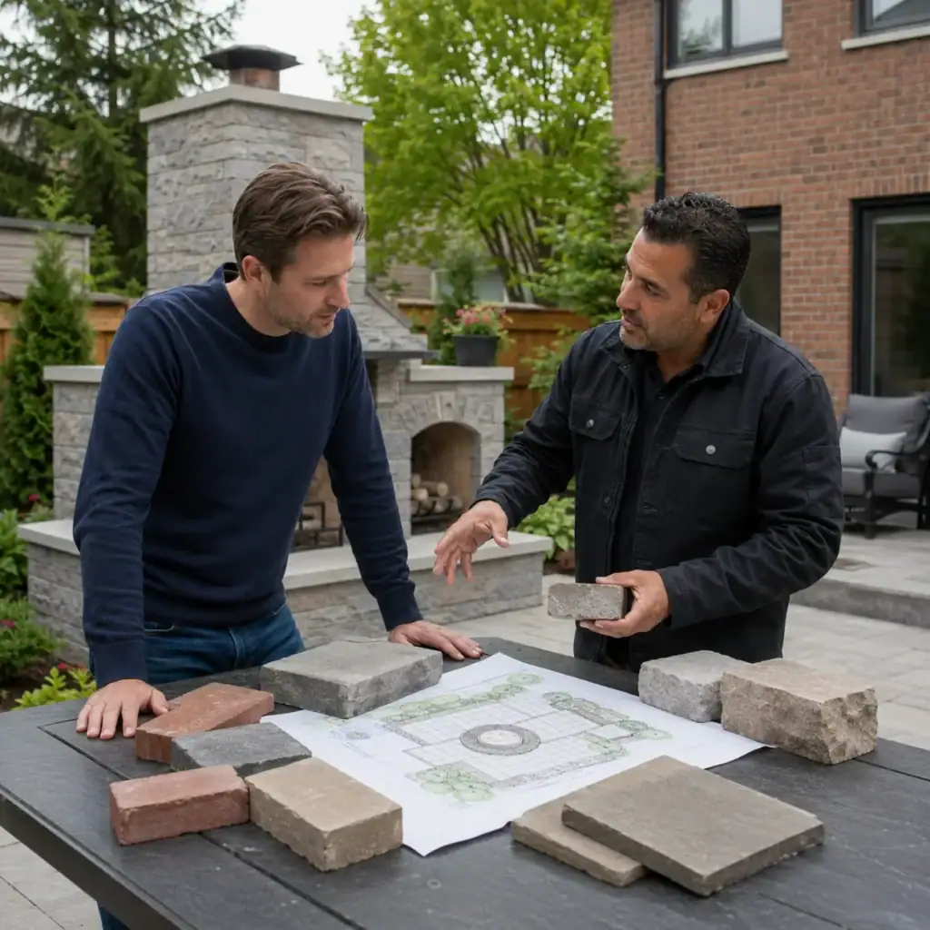 Masonry contractor discussing fire pit and outdoor fireplace options with a homeowner