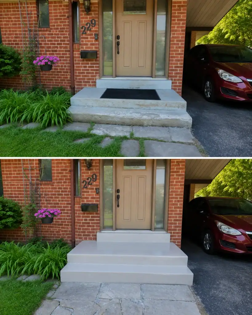 Before-and-after comparison of weathered and smooth concrete steps at a brick home entrance
