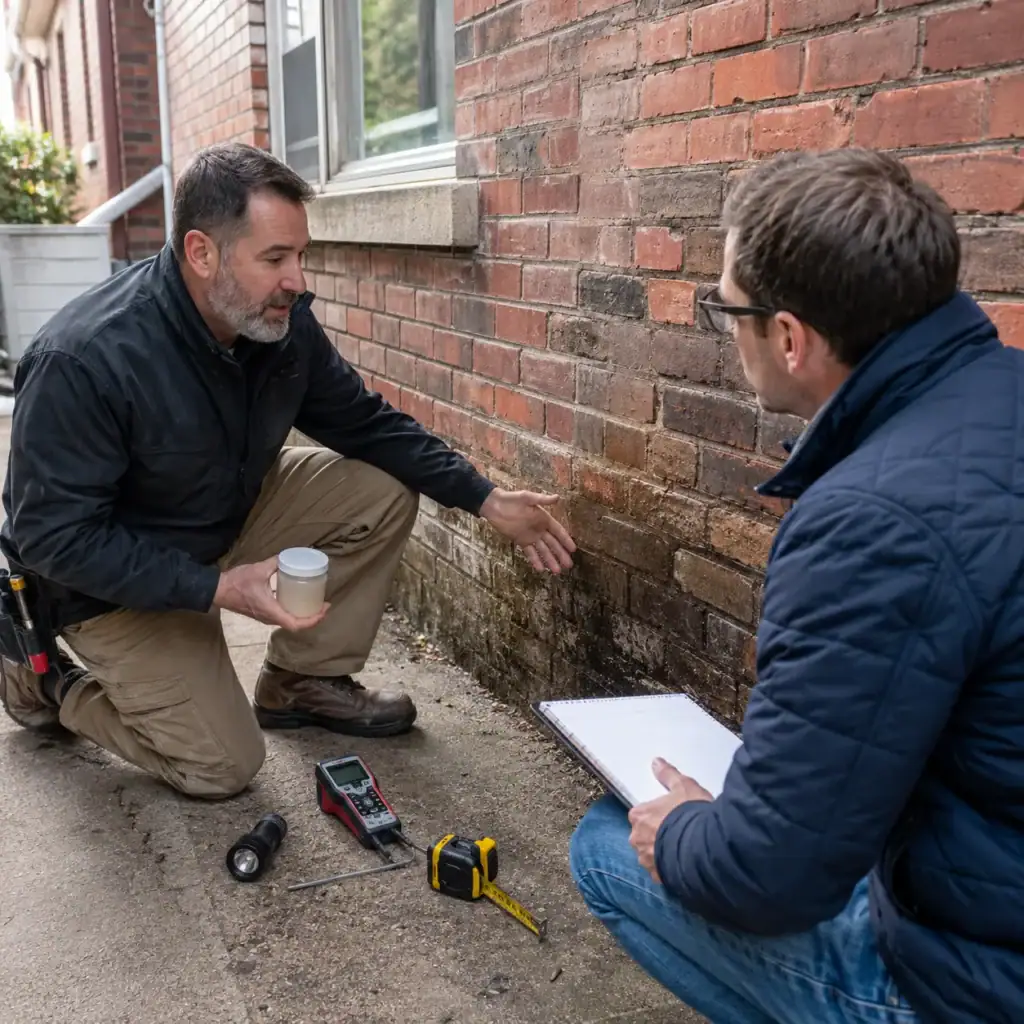 Masonry contractor reviewing sealing and moisture repair options with a homeowner