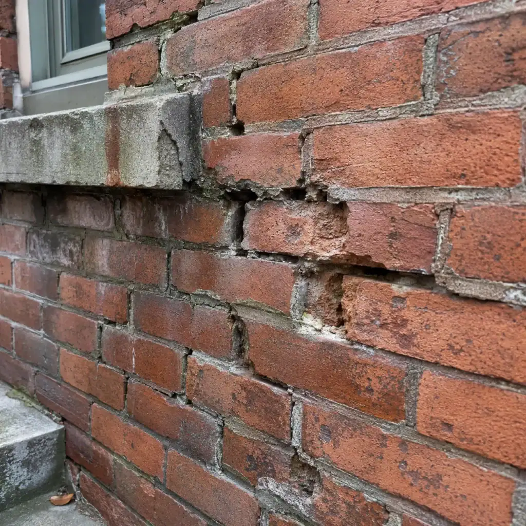 Damaged brick and cracked mortar that should be repaired before sealing
