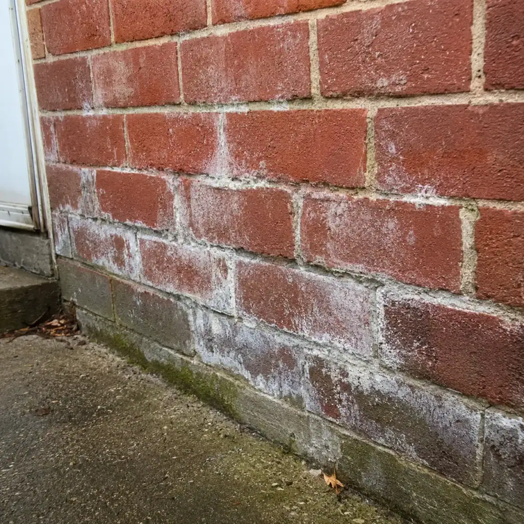 Efflorescence on brick showing moisture movement before sealing