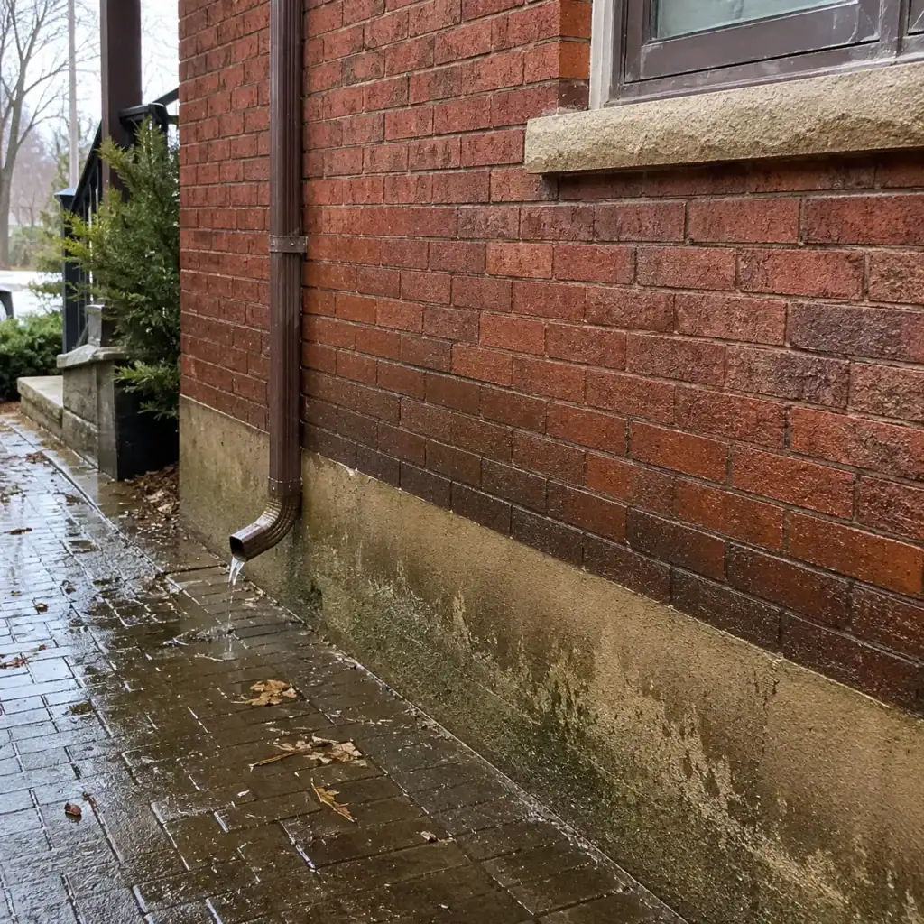 Damp lower brick wall in a high moisture area after rain