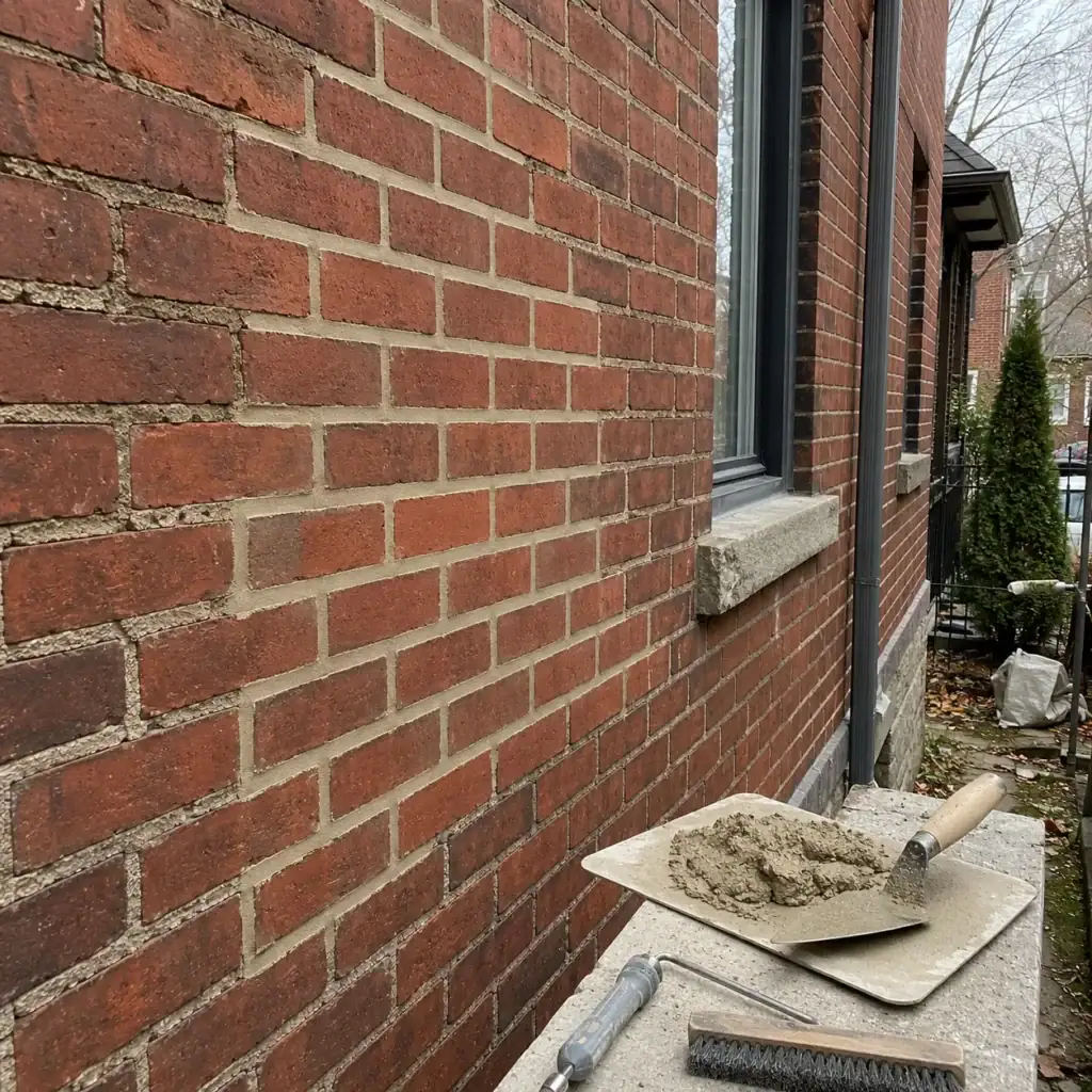 Tuckpointing brick mortar joints before winter weather