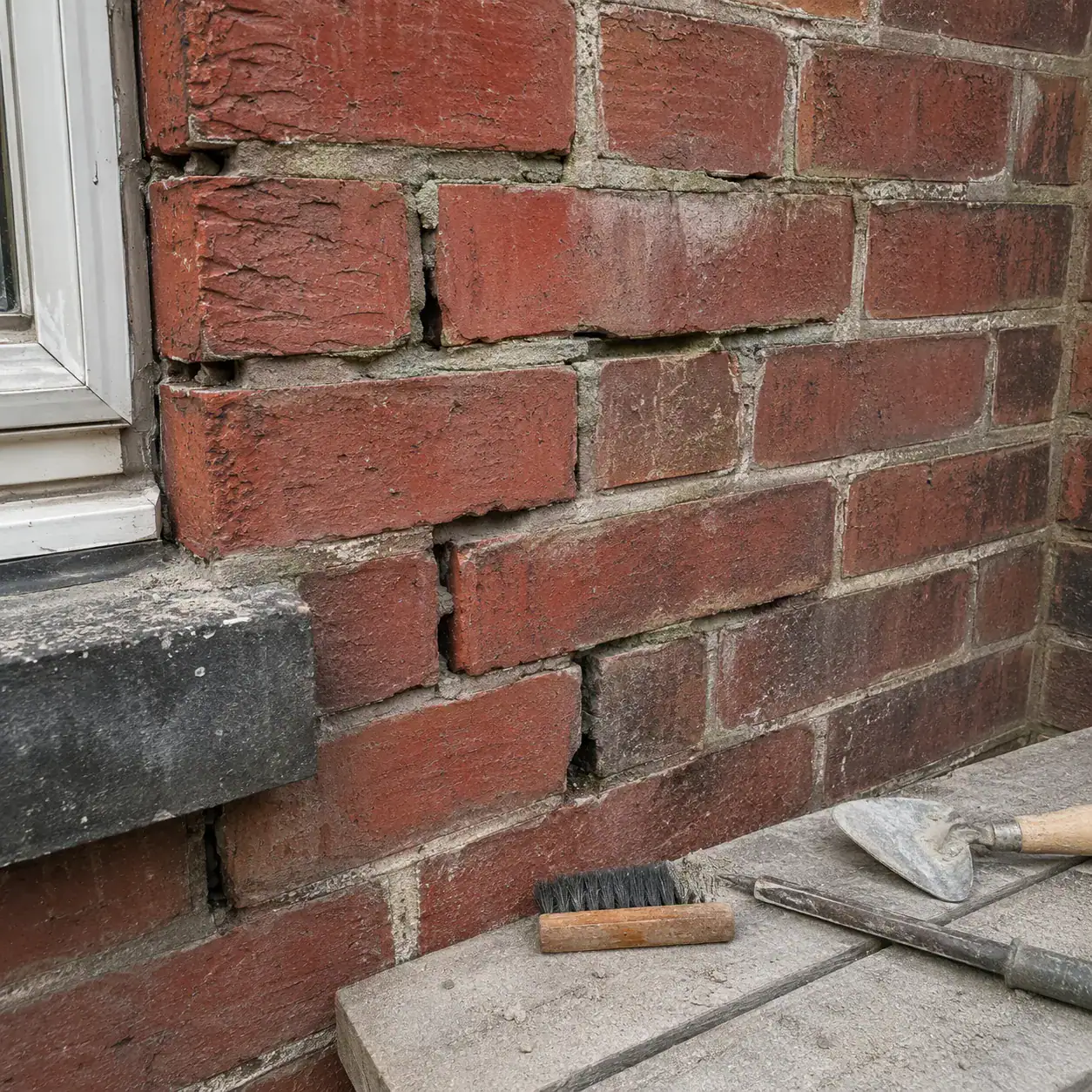 Failed mortar joints on a weathered Toronto brick wall