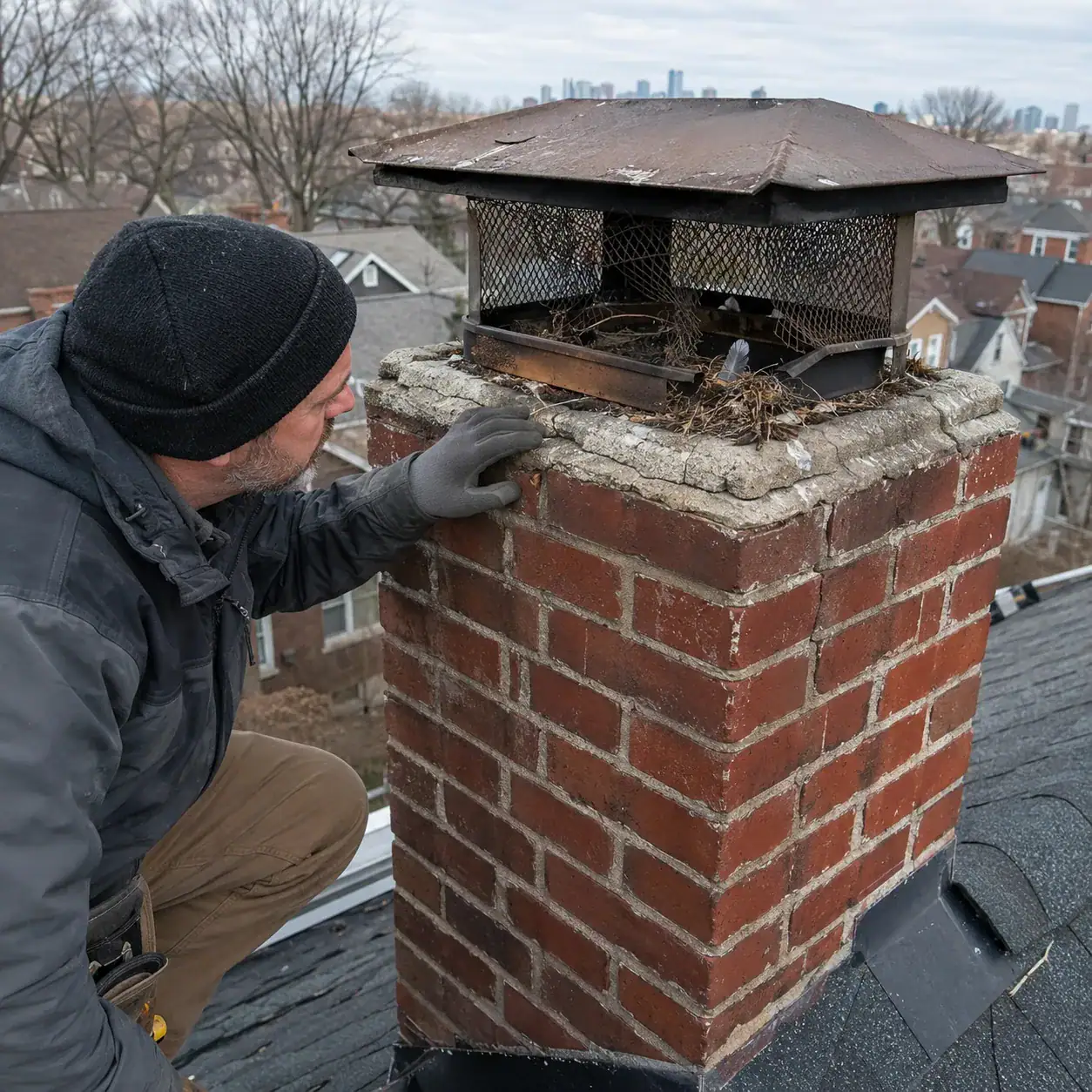 Masonry contractor inspecting animal and bird damage on a Toronto brick chimney