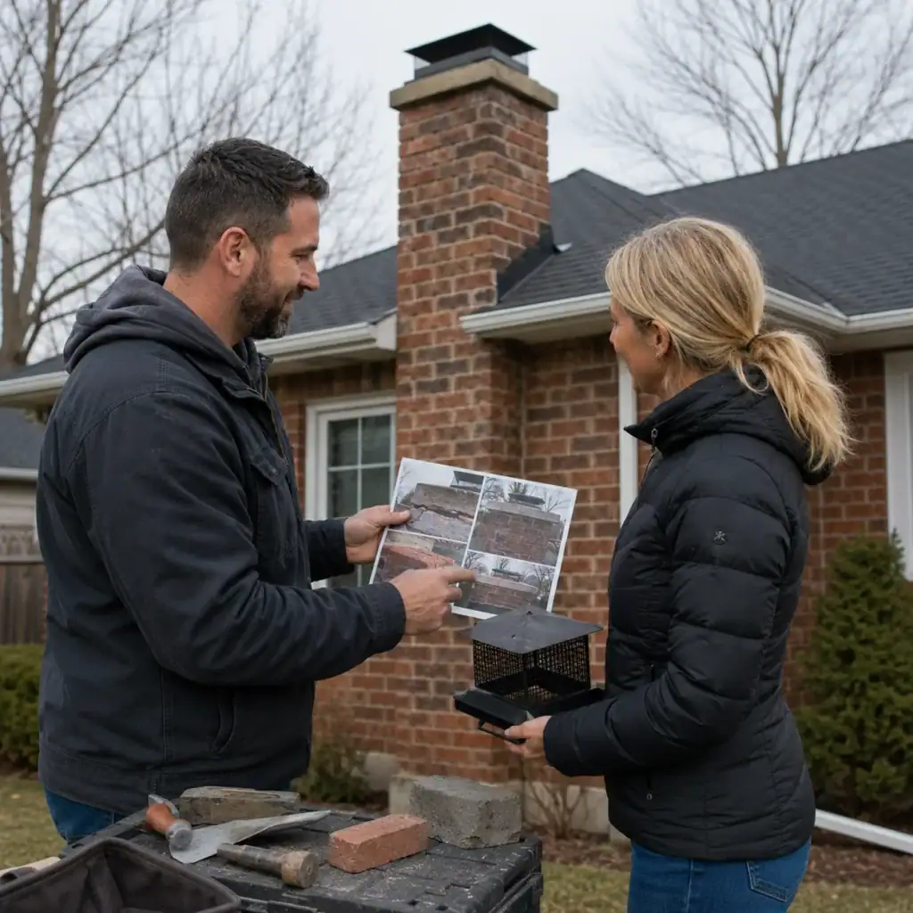 Masonry contractor reviewing chimney waterproofing options with a homeowner