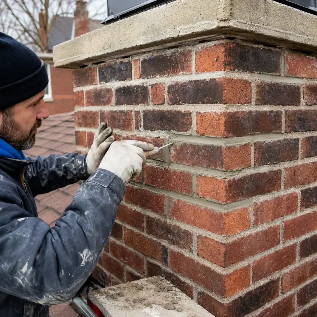 Mason tuckpointing chimney mortar joints before waterproofing