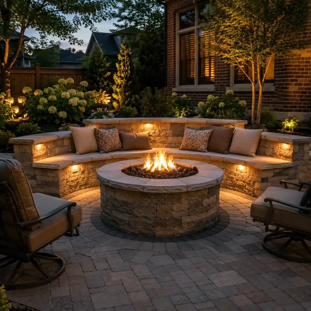 Stone masonry fire pit with circular seating in a Toronto backyard