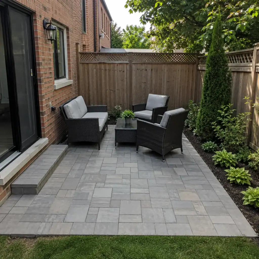 Simple rectangular interlocking patio layout in a small backyard