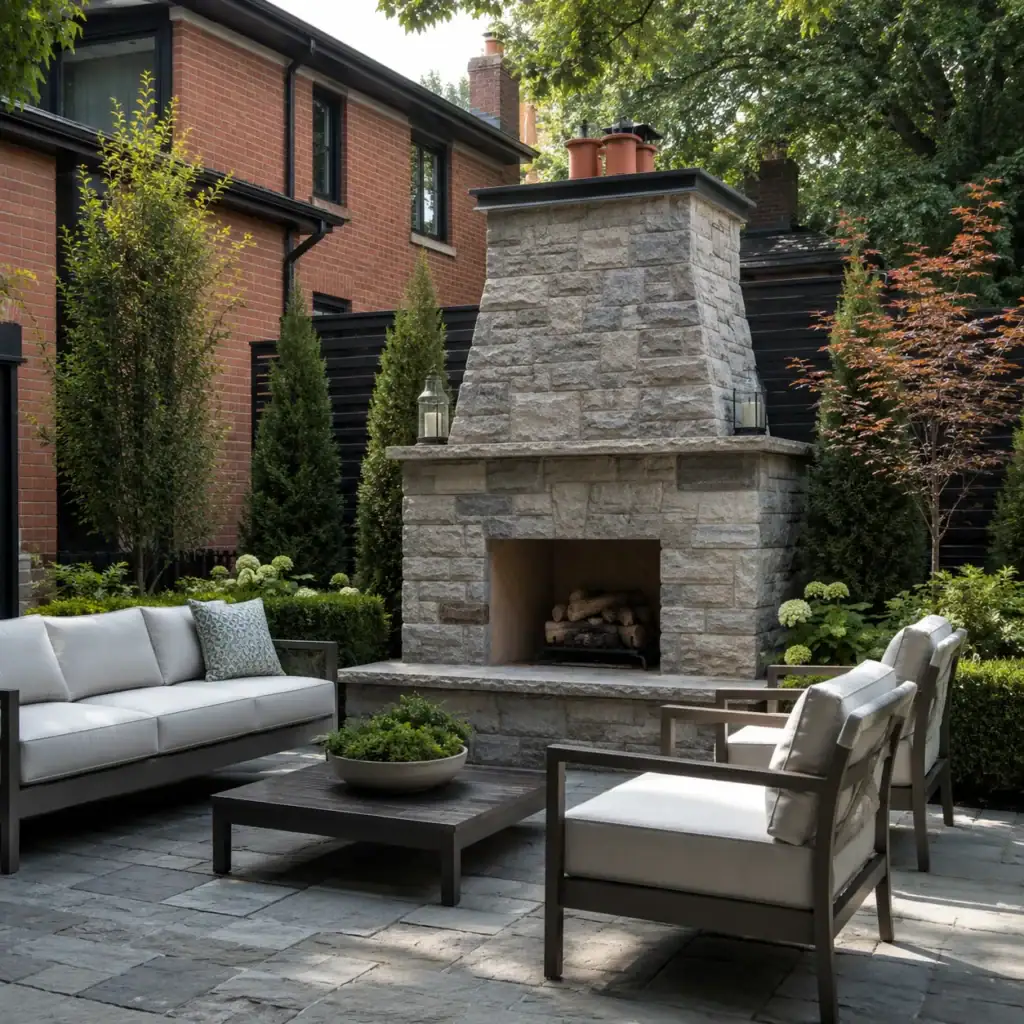 Outdoor stone fireplace creating a focal point on a Toronto patio
