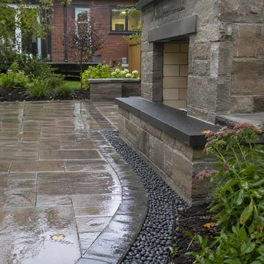 Patio drainage around an outdoor masonry fireplace after rain