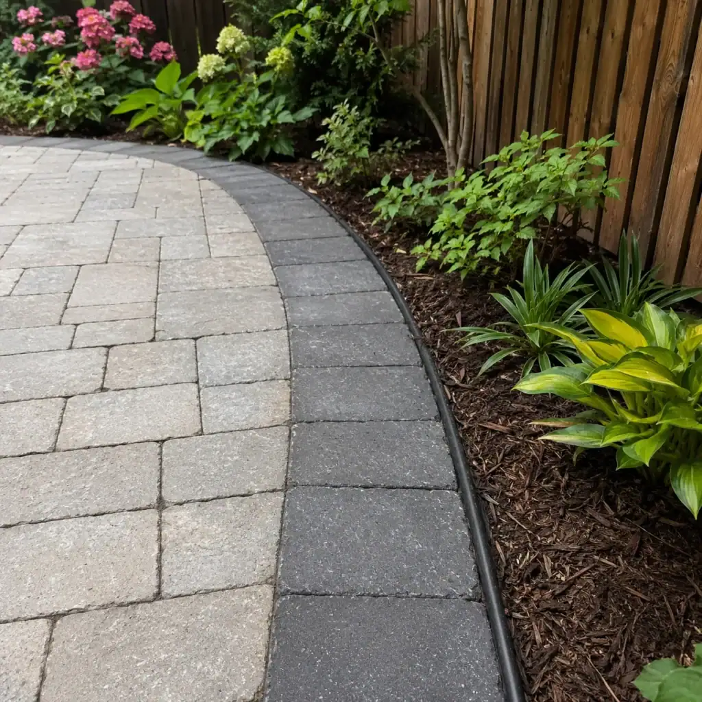 Interlocking paver border defining a small backyard patio