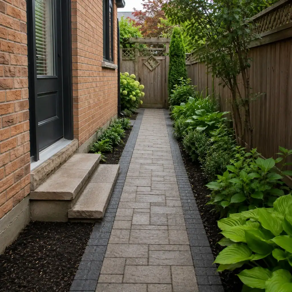 Narrow interlocking paver path connecting a small backyard to a gate