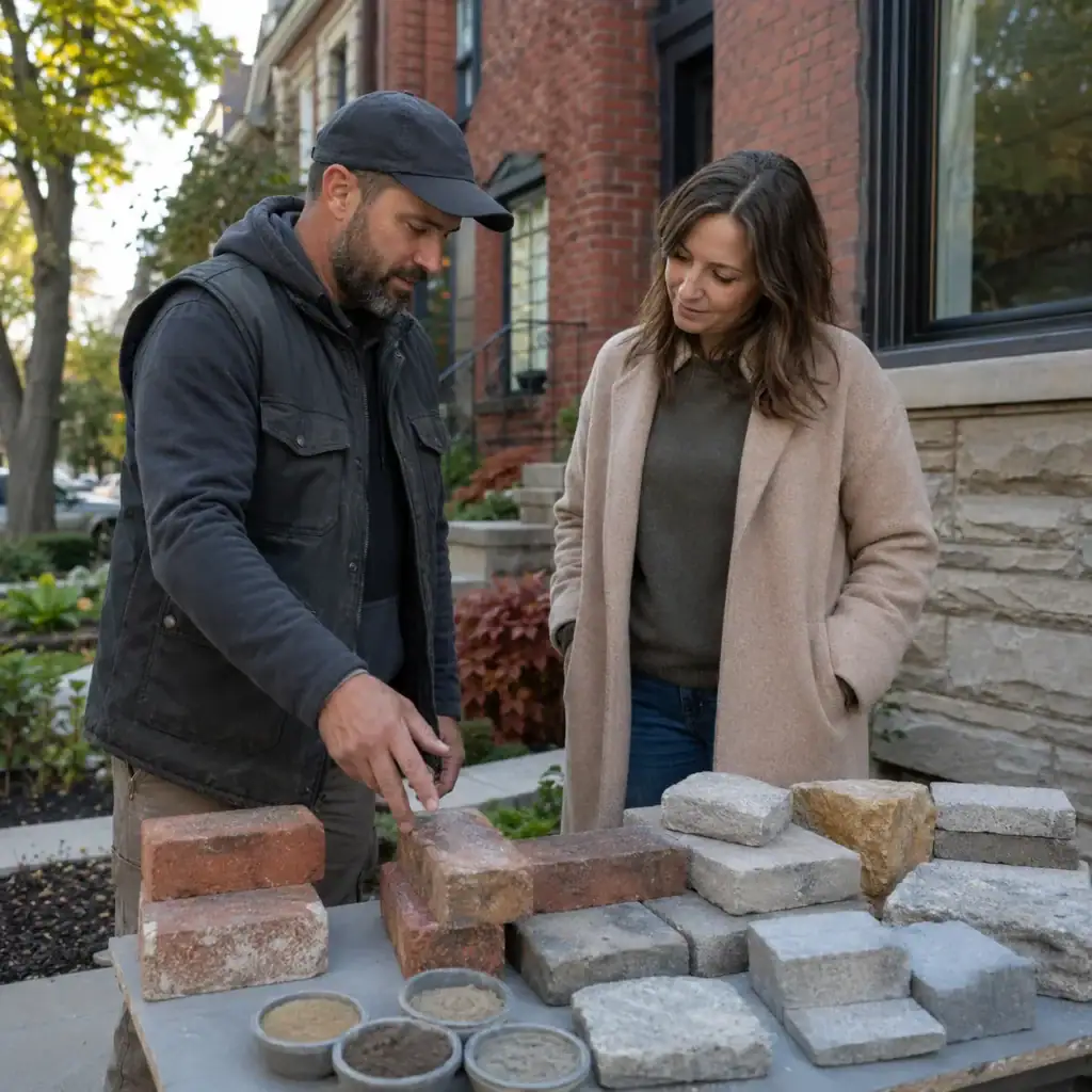 Masonry contractor reviewing eco-friendly masonry materials with a Toronto homeowner