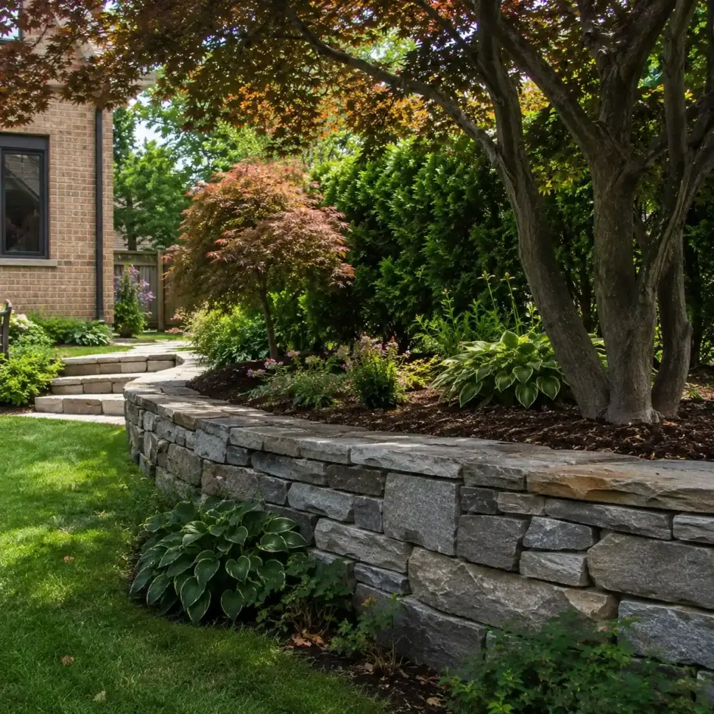 Natural stone garden wall in a Toronto backyard landscape