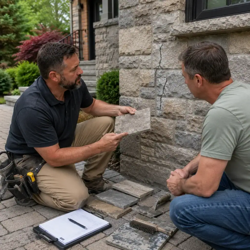 Masonry contractor reviewing stone veneer crack repair options with a homeowner