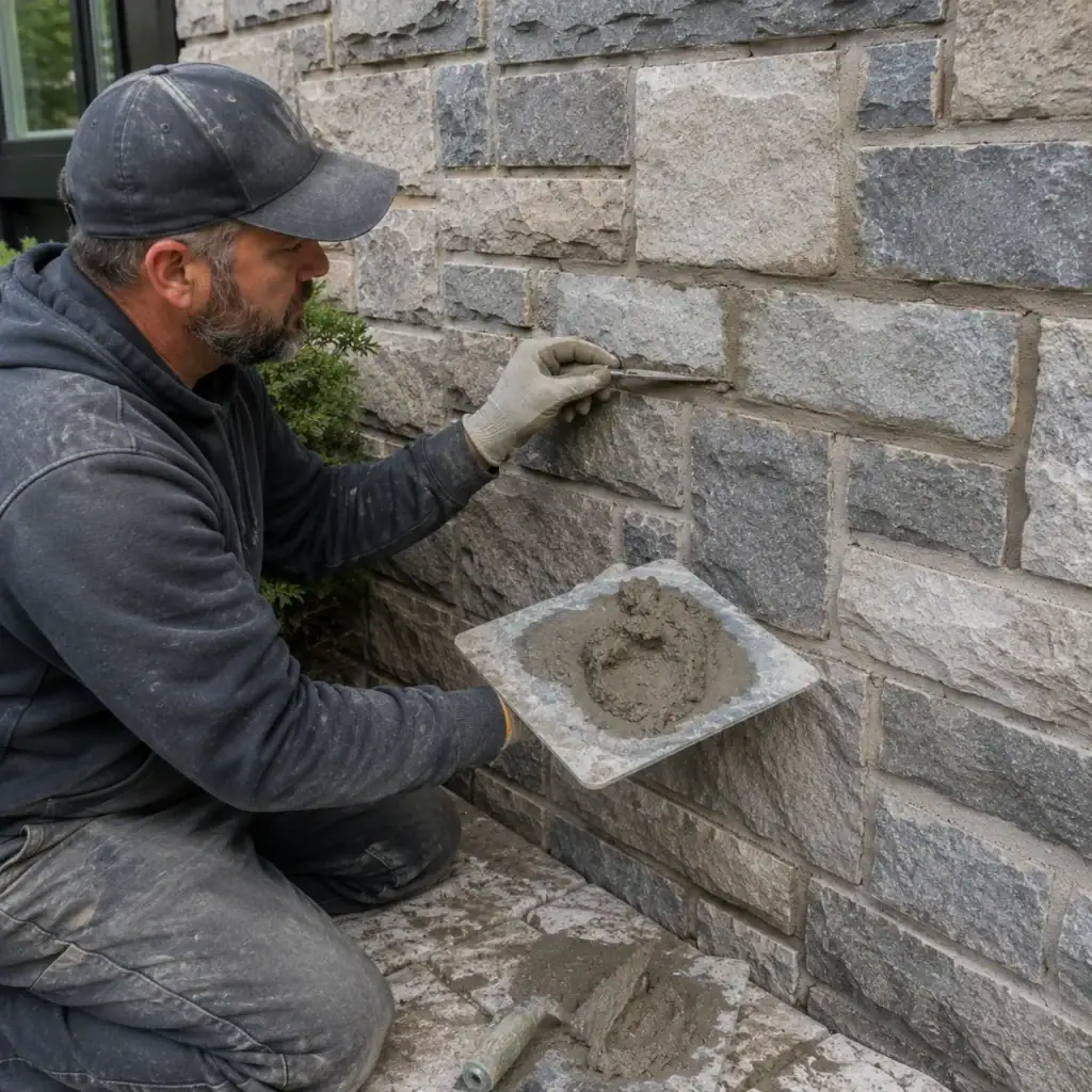 Mason repointing cracked mortar joints in stone veneer