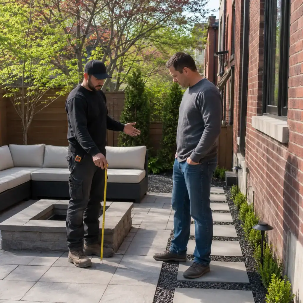 Homeowner and mason reviewing backyard layout for a fire feature