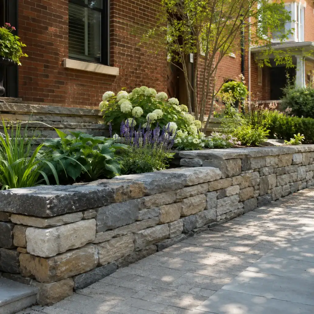 Natural stone masonry garden wall beside a Toronto brick home